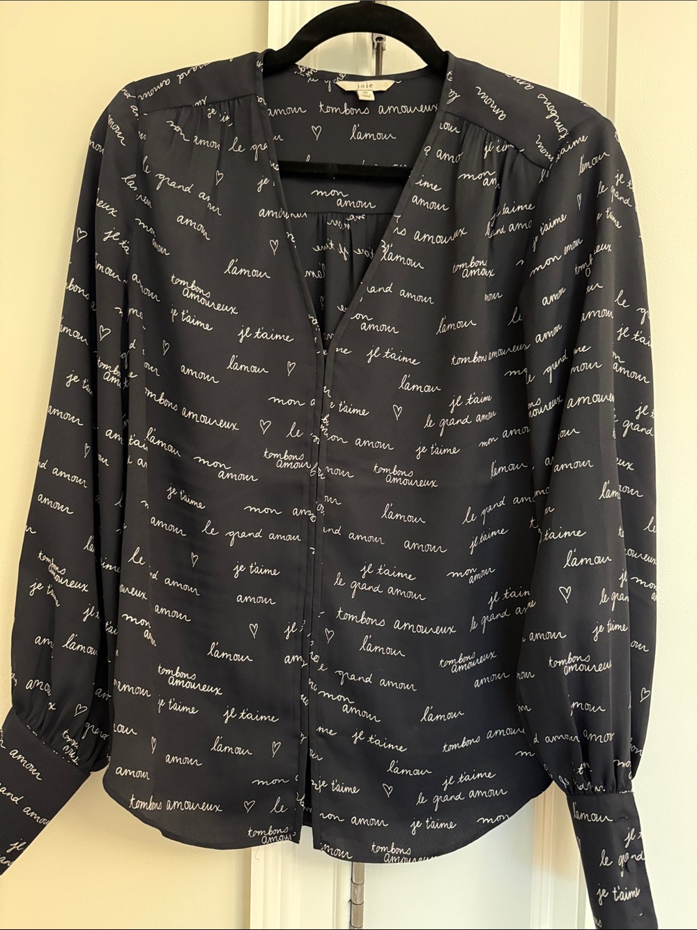 Joie Navy Script-Print V-Neck Blouse